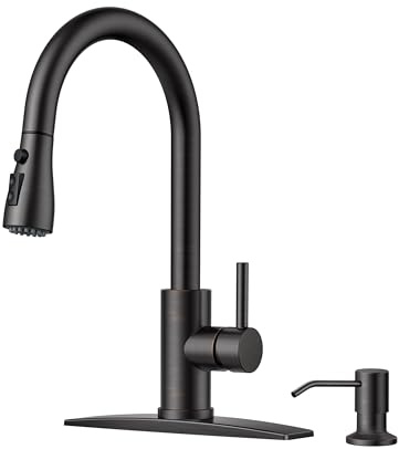 FORIOUS Kitchen Faucet with Soap Dispenser and Pull Down Sprayer, Bar High Arc Single Handle Classic 3 Modes Stainless Steel Faucet for Kitchen Sink Farmhouse RV Laundry Camper, Oil Rubbed Bronze