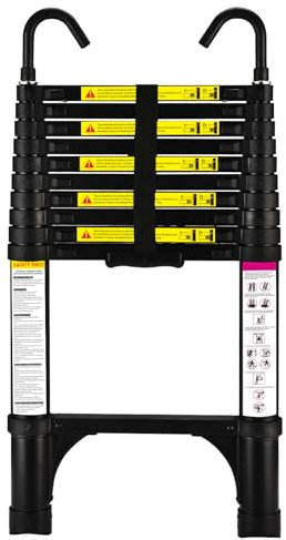 HBTower Telescopic Ladder with Non-Slip Feet and Hooks, 3.2M/10.5FT Thickened High-Strength Aluminum Extendable ladders, Adjustable Height Collapsible Ladder for Caravans lofts, Indoors and Out,Black