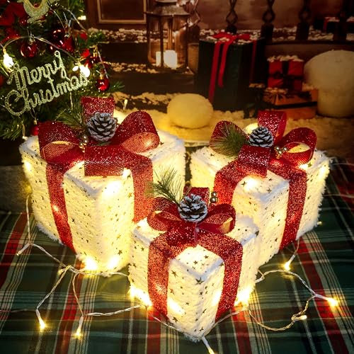 Kwaiffeo - Juego de 3 cajas de iluminadas, 140 LED, adornos luminosos para el árbol de Navidad, chimenea, mesa, habitación, decoración de interiores, color blanco cálido