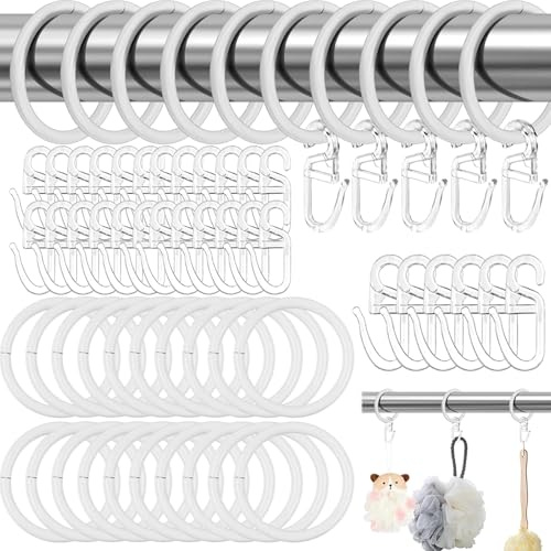 WTpin 30 Piezas Anillos de Cortina Silenciosos y 30 Piezas Ganchos de Cortina de Plástico Blanco, Blanco Anillos de Metal para Cortinas y Ganchos, Anillos para Colgar Cortinas 27 mm Diámetro Interior