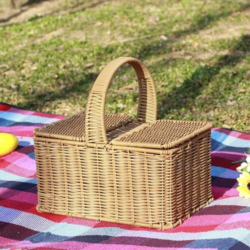 WJUHYGTF Cestino da Picnic in Rattan con Coperchio, Cesto Vimini Maniglia per Il Trasporto Naturale della Spesa Legno di Salice Regalo Funghi Intrecciati Frutta Pane,S