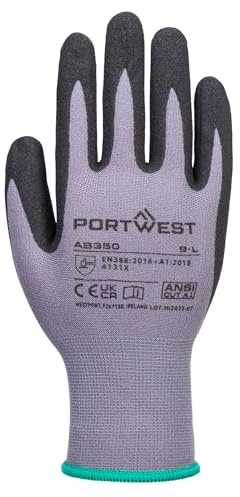 Portwest AB350 Grip 15 Nitrile Sandy Work Safety Gloves 12 Pairs | Grey/Black, Large, Oil Resistant, Sandy Grip, High Dexterity, Durable, General Handling