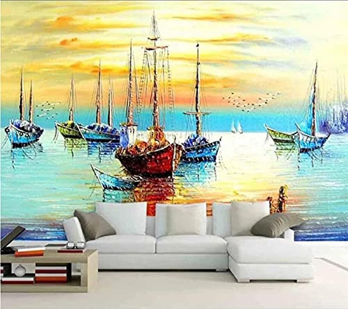 XLMING Peinture À L'Huile Bateau Grand Bateau Jaune Papiers Peints 3D Maison Salle à Manger Canapé Chambre Salon TV Mur-430cm×300cm