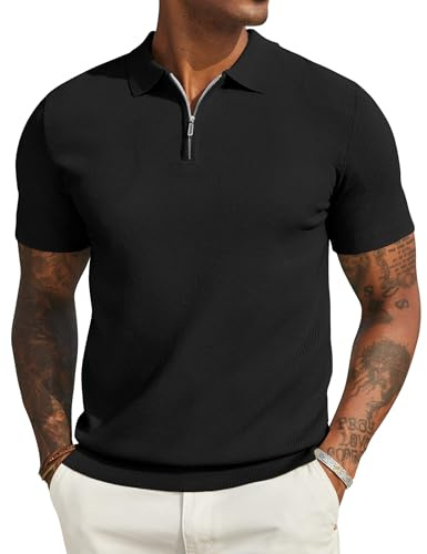 COOFANDY Polo Hombre Manga Corta Verano Monocolor Polo Camiseta Punto Cremallera Polo Golf Camisas Negro M