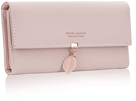 Tunejoy Portefeuille Femme Rose Porte Monnaie Femme Grande Capacité Cuir de PU Bifold Cadeaux pour Noël Saint-Valentin Filles Mesdames avec 9 Emplacements de Cartes Feuille Pendentif