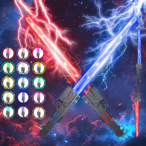 SOARFLY 2 Stück Laserschwert Kinder, Wiederaufladbare 15 Farben Laserschwert Kinder mit Soundeffekten, 2 IN 1 LED Lichtschwert, Ideal für Verkleidung Parteien Cosplay und Geburtstagsgeschenke