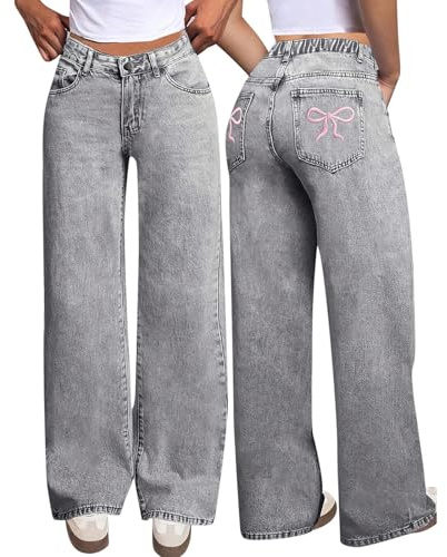 Baggy Jeans Damen Y2K - Boyfriend Jeanshose mit Schleife Drucken Low Waist Hip Hop Straight Vintage Denim Hose Breites Bein Locker Streetwear Schlupfjeans Freizeithose Loose Hosen