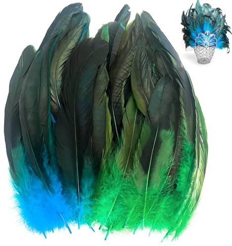 Fizdoqg 100 Stück Federn Blau Grün 20-25cm Federn zum Basteln, Natur Fasanenfedern Hahnenfedern, Grüne Federn, Blaue Federn für DIY Basteln, Traumfänger, Kostüme, Hüte, Zuhause Dekor