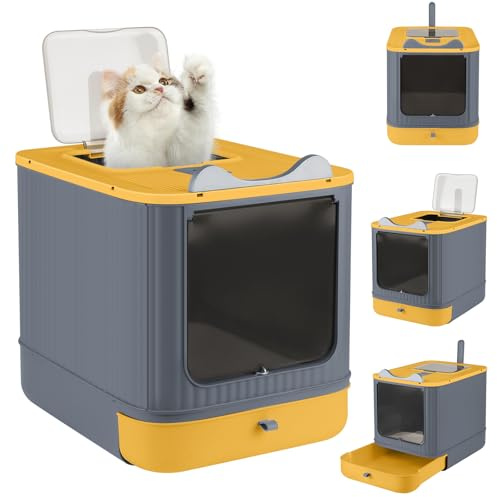 XANNI Cassettiera per lettiera chiusa per gatti Casa di toilette pieghevole in PP, con vassoio rimovibile e pala, porta d'ingresso uscita superiore, decorata con orecchie e legno di gatto
