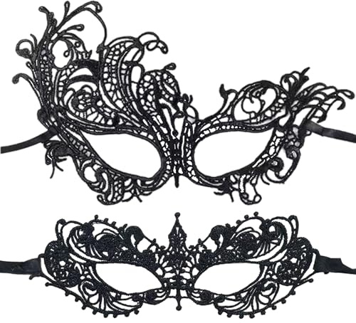 Makoto Nobu 2 PCS Lace Masquerade Masks for Women, Black Face Mask for Women, Venetian Carnival Masks, Lady Girl Lace Eye Mask, for Elegant Prom, Halloween, Costume Party