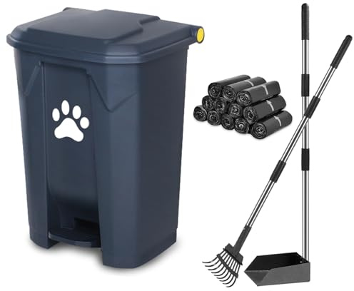 Dog Poop Waste Can For Outdoors Pet Waste Station With Lid Hands-free Pedal Durable PVC Container Garden Home Yard With Dog Poop Tray and Rake 180PCS Black Trash Bags, Grey B-15-G-RB180-CZ