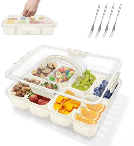 Honnesserry Contenitore per snack con 8 scomparti, piatto da spuntino con coperchio e 4 forchette in acciaio inox per frutta, caramelle, verdure, noci, ciotola per snack in PP per cucina, feste