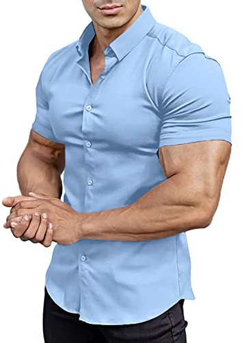 Rodawu Mens Shirts Short Sleeve Muscle Fit Dress Shirts Tops Business Casual Button Down Light Blue Shirt XXL