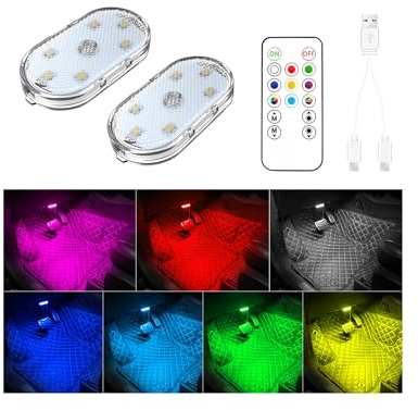 2 PCS LED Lumières pour Voiture avec télécommande, 7 Couleurs Eclairage intérieur, Ambiance Voiture, Lumière LED Portable