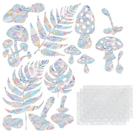CAPASTEC Juego de 3 Sets 42 Piezas Pegatina Anticolisión de PVC para Ventanas con Diseño Protección de Aves Película Arcoíris para Ventanas Pegatina Decorativa de Setas y Hojas
