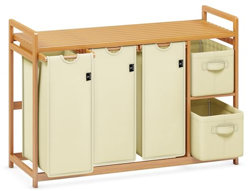 AdelDream Tvättkorg, 5 fack, tvättkorg, 190 l, tvättlådor med korg | tvättsorterare med 3 tvättpåsar och 2 tyglådor med hylla, tvättpåse, bambu, tvätthylla, tvättlåda, tvättkorg, beige