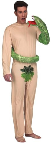 My Other Me Adam-Kostüm für Herren, Größe M-L. Inklusive hautfarbenem Overall mit Blättern und grüner Schlange mit Marionettenkopf, der sich um den Körper wickelt. Originalsünde!