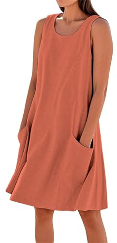 Vestiti Estivi Senza Maniche Donna Cotone Leggero Lino,Colore Puro Abiti Curvy Eleganti Abito Casual Elastica Abiti al Ginocchio Larghe Abito da Spiaggia Mini Dress con Tasche Vestito Lino Donna