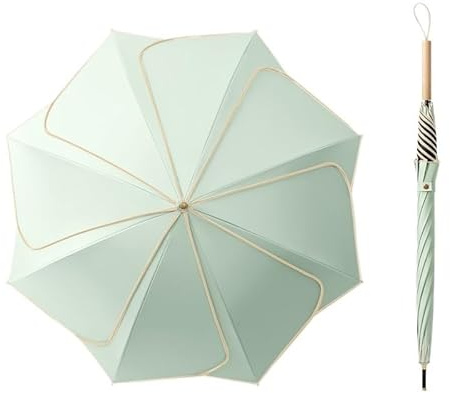Parapluie droit en bois à 8 os – Protection solaire élégante et ombrage pour femme (vert, poignée incurvée en bambou)