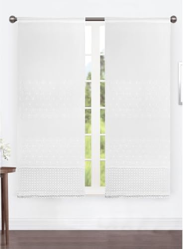 Tendine a Vetro Art Afrodite con Balza Macramè, 60x150 cm e 60x240 cm, Tessuto Velato Semitrasparente, Set di 2, Disponibile in Bianco, Grigio, Beige (RICAMO BIANCO, 60 X 150 CM)