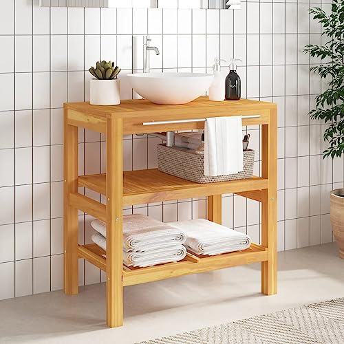 Qnhdfrt Meuble de lavabo avec 2 étagères et barre porte-serviettes en bois massif teck étroit 74 x 45 x 75 cm Meuble de salle de bain pour petite salle de bain ou WC robuste et pratique