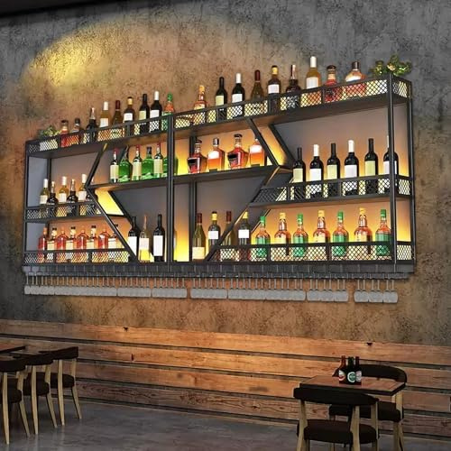 Zertylre Metall Weinregal zur Wandmontage mit LED-Beleuchtung und modularen Weinflaschenhaltern, inklusive Gläserhalter, multifunktionaler Präsentationsregal für Zuhause/Bar/Küche (schwarz, 2 Meter)