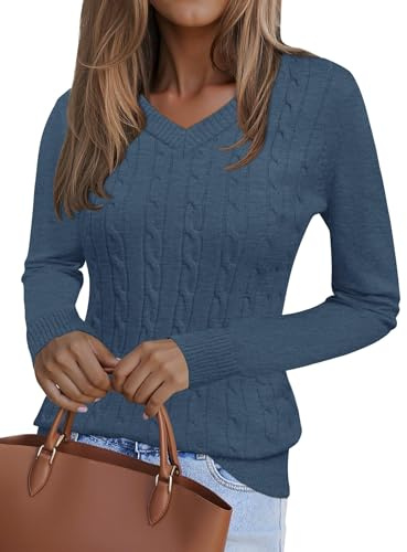 Kistore Jersey para mujer, cuello de pico, para otoño, manga larga, elegante, tallas S-XL, azul oscuro, XL