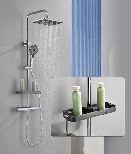 Süßren Thermostatic Shower Mixer Set,38°C Thermostatic Shower System with Rainfall Shower Head,3-Mode Handheld Shower,Shower Shelf Caddy Adjustable Height Stainless Steel Shower Set (Chrom)