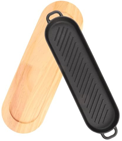 SHINEOFI Plaque à Steak en Fonte avec Poignées Doubles, Plaque de Grillade Ondulée 40 Cm, Fonte Robuste, Fond en Bois, Cuisson Barbecue Extérieur, Plat de Service Chaud pour Repas