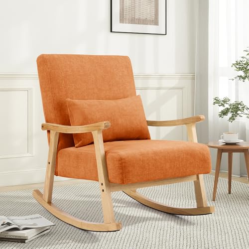 Aunekiv Mid-Century Modern Schaukelstuhl, Schaukelsessel mit Lendenkissen, Gepolsterter Stillsessel mit Holzarmlehnen & Holzbeinen, Bequemer Sessel für Wohnzimmer, Schlafzimmer & Babyzimmer, Orange