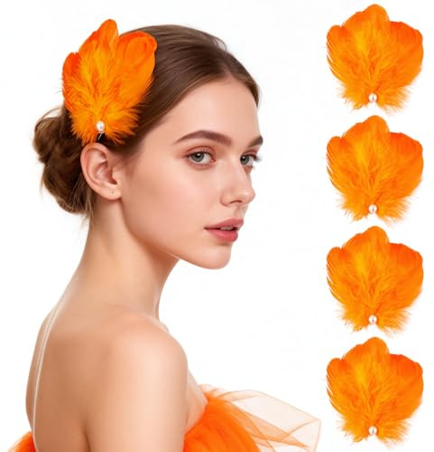 MWOOT 4 Piezas Disfraz Carnaval, Pinzas para el Cabello Plumas Naranja, Accesorios para el Cabello Plumas para Mujeres Niñas, Pieza para el Cabello Perlas para Novia Boda Fiesta Cosplay