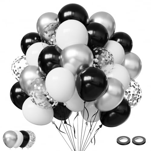 Luftballons Schwarz Weiß Silber FQZYLCH 60 Stück 12 zoll Helium Ballons Schwarze Weisse Latex Ballons Silber Metallic Konfetti Ballons für Geburtstag Hochzeit Ruhestand Galaabend Party Deko