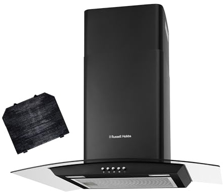 Russell Hobbs 60cm Curved Glass Cooker Hood in Black with 3 Speed Settings, 1 x Carbon Filter, Extraction or Recirculation, 540m³/h Extraction Rate, LED Lights, A+ Energy Rating, RH60GCH92A1B