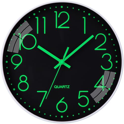 VIVILINEN Luminous Wall Clock Bedroom Clock Non Ticking Silent Wall Clock Modern for Living Room Kitchen Office Bathroom Battery Operated Black Glow in the Dark