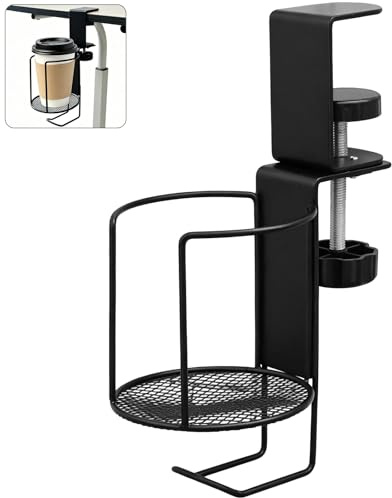 Portavasos de Escritorio Antiderrames, Soporte para Tazas Giratorio 360° con Gancho para Auriculares, Clip de Mesa Ajustable (1-6cm) para Oficina, Hogar y Gaming, Negro