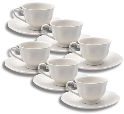 LEONARDO LUXURY HOME DESIGN Set 6 Tazze da Caffè Royal White 90 ml con Piattini in Porcellana Bianca Servizio Elegante Casa Lavabili in Lavastoviglie Microonde Raffinato (Royal White con Piattini)