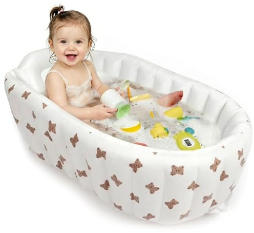 Aufblasbare Badewanne Baby - 90 x 55 x 30 cm Tragbare Kinder Badewanne Aufblasbar, Bärenmuster Babywanne Faltbar, Ohne Luftpumpe und Anti-Rutsch Zusammenklappbares Schwimmbad für Reisen im Freien