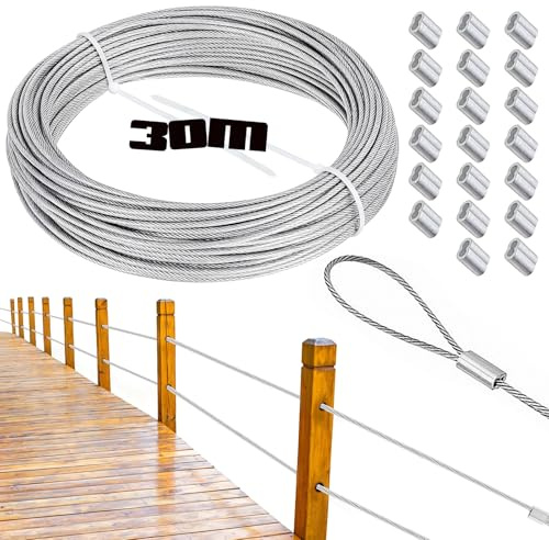 Cavo Acciaio 1,5mm x 30m, NDGTC Filo Acciaio Inox 304 Trecciato 7x7 | Kit Completo con Manicotti in Alluminio per Stendere il Bucato da Esterno,Piante Rampicanti,Recinzione,Tende,Appendere Lamp