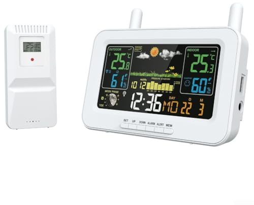 Stazione meteo con sensore esterno, dispositivo digitale di previsione da 6 pollici, con display LCD a colori, pressione barometrica e orologio delle fasi lunari, a lungo raggio (bianco UK)