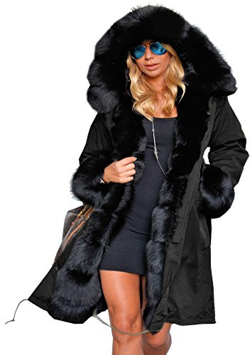 Aofur Womens Hooded Fur Lined Warm Coats Down Parkas Anoraks Outwear Winter Long Jackets (Small, Black_Black Fur)
