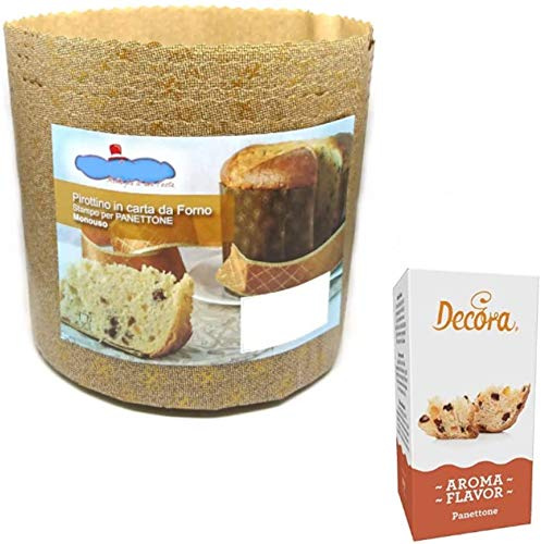 Kit - set Stampo PANETTONE 1kg Alto - 5 pezzi + Aroma PANETTONE - Pirottino monouso in carta da Forno 1000gr - ideale per Panettoni, Gastronomico, Dolci Natalizi, Pan brioche, Pan dolce