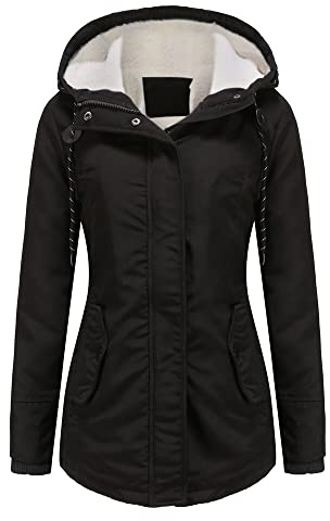 YYNUDA Damen Parka Winterjacke Lang mit Fell Kapuze warm gefüttert Slim Fit Mantel Outdoor Jacke für Winter, Schwarz, XL