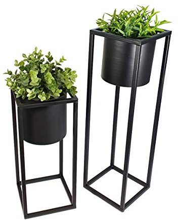 Spetebo Soporte para macetas de metal en negro, juego de 2 unidades, soporte cuadrado con maceta redonda negra, 35 y 50 cm, soporte para macetas con maceta, soporte para plantas rectangular