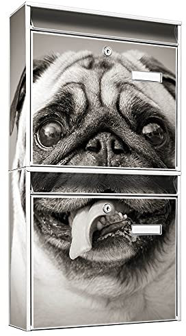 banjado Briefkastenanlage 2 Fach - 2 Briefkästen 36x64x10cm groß - Doppelbriefkasten Set - Namensschild, 2 Schlüssel, Montagematerial - Stahl verzinkt weiß - Motiv Mops Porträt