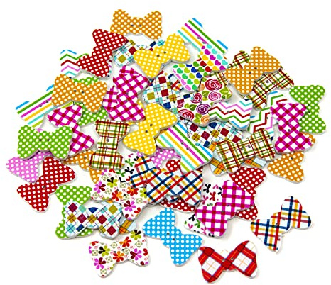 Oblique Unique® 50 Holz Knöpfe Schleifen mit Punkten und Blumen Motiv Buttons Bunt Handarbeit Kinderknöpfe zum Basteln Nähen Dekorieren Tisch Deko