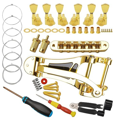 Unxuey Gitarre Gold Vibrato Tremolo Bridge Saitenhalter, Gitarre Roller Sattel Tune-O-Matic Bridge für Jazz LP Gitarre mit 3L+3R Gitarre Locking Tuners, 6 Saiten, Saitenwickler, Schraubendreher