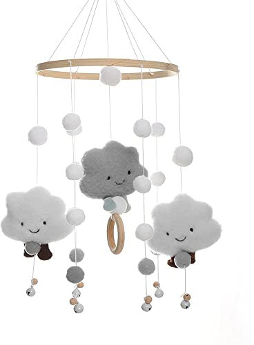 TVAIVTN Mobile Baby Windspiele, Puppe, Holz mit Filzbällen 3D Wolken, Bettglocke Anhänger für Babybett, Jungen und Mädchen (Grau)