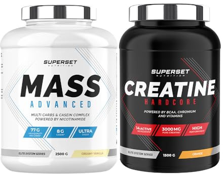 Superset Nutrition | Programme Prise De Masse Avancé - Mass Advanced 2,5kg Vanille Crémeuse - Créatine Hardcore 1,5 kg Orange | Augmente la prise de masse et intensifie la force et le volume