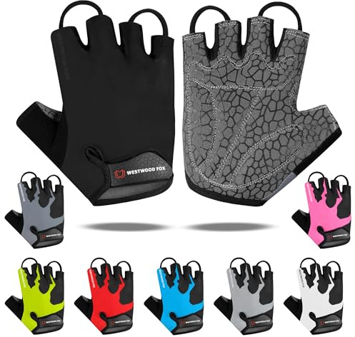 WESTWOOD FOX Cycling Gloves Half Finger Unisex Padded Grips Palm Bicycle Summer MTB Bike Gloves for Men Women Non-Slip Fingerless Short Mountain Bike Sports Hiking Climbing Gym (Black, XL)