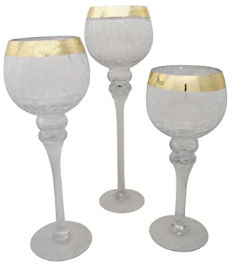 3tlg. Glaskelch Windlicht Set H40/35/30cm Crackle Glas mit goldenem Rand Kelch auf Fuß Kerzenhalter Kerzenständer Kerzenleuchter in 3 verschiedenen Designs 221